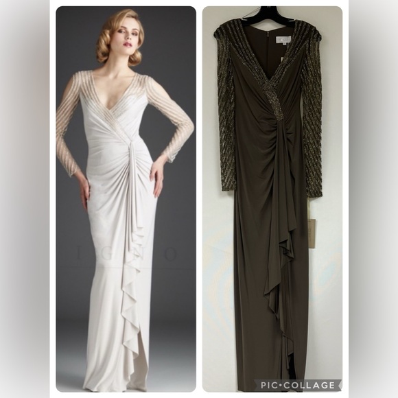 Mignon beaded sexy full length asymmetrically gathered surplice bodice gown - Picture 3 of 14